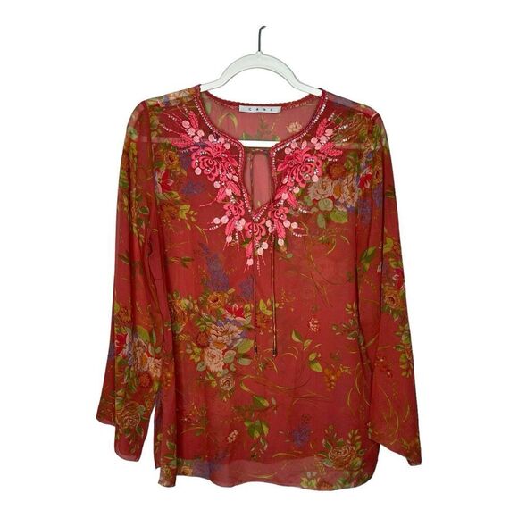 Cabi Silk Womens Top Size Small Embellished Fairy Floral Sheer Embroidered - Picture 1 of 14
